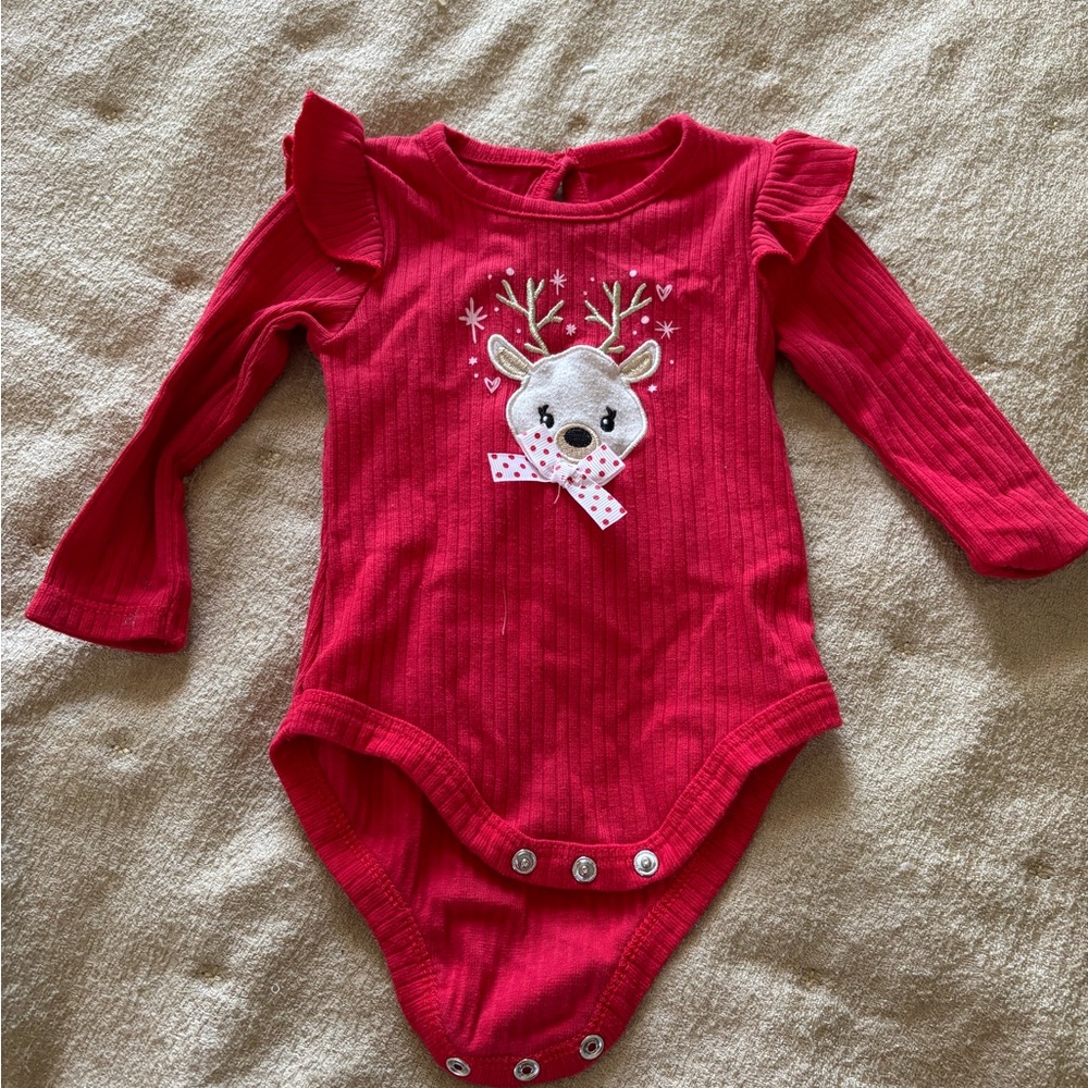Baby Essentials Red Ribbed Long-Sleeve Reindeer One-Piece
